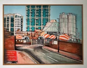 ARTIST: JO PEEL TITLE: 'CONCRETE MIXERS' SIZE:120 cmx 90cm TrayFramed MEDIUM: ACRYLIC & SPRAY PAINT ON CANVAS PRICE: £4,000. 0% over 6 Months Available