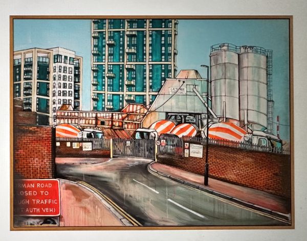 ARTIST: JO PEEL TITLE: 'CONCRETE MIXERS' SIZE:120 cmx 90cm TrayFramed MEDIUM: ACRYLIC & SPRAY PAINT ON CANVAS PRICE: £4,000. 0% over 6 Months Available