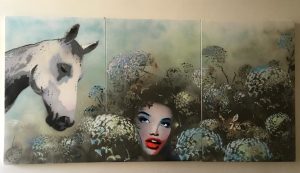 ARTIST: YVONNE WAYLING TITLE: FIELD TRIP SIZE: 180 x 90 cm (triptych) 3 x 60 x 90 canvas’ MEDIUM: SPRAY PAINT ON CANVAS PRICE: £2,500. 0% over 6 Months Available