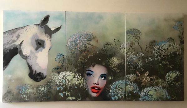ARTIST: YVONNE WAYLING TITLE: FIELD TRIP SIZE: 180 x 90 cm (triptych) 3 x 60 x 90 canvas’ MEDIUM: SPRAY PAINT ON CANVAS PRICE: £2,500. 0% over 6 Months Available