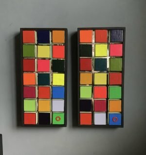 HOTBALLOON ART ‘Same same but different’ (diptych or separate pieces) Mixed media: pallet wood, Perspex mirror, glow in the dark paint (side of squares) and acrylic 47 x 22cm (each piece) £250 each 03 £450 for the Pair