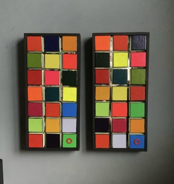 HOTBALLOON ART ‘Same same but different’ (diptych or separate pieces) Mixed media: pallet wood, Perspex mirror, glow in the dark paint (side of squares) and acrylic 47 x 22cm (each piece) £250 each 03 £450 for the Pair