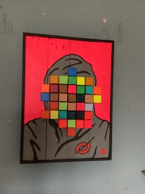 HOTBALLOON ART ‘Interview with a graffiti writer’ Pallet wood and acrylic 54 x 40cm £400.