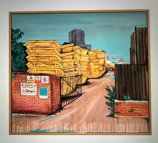 ARTIST: JO PEEL TITLE: 'LEVEL LOADS ONLY'  SIZE: 90 cm x 80 cm Tray Framed MEDIUM: ACRYLIC & SPRAY PAINT ON CANVAS PRICE: £3000. 0% over 6 Months Available