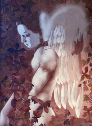 ARTIST: YVONNE WAYLING TITLE:'FLESH STAIN ANGEL' SIZE: 70 x 102 cm (tray frame on request) MEDIUM: SPRAY PAINT ON CANVAS PRICE: £ 1,750. 0% over 6 Months Available