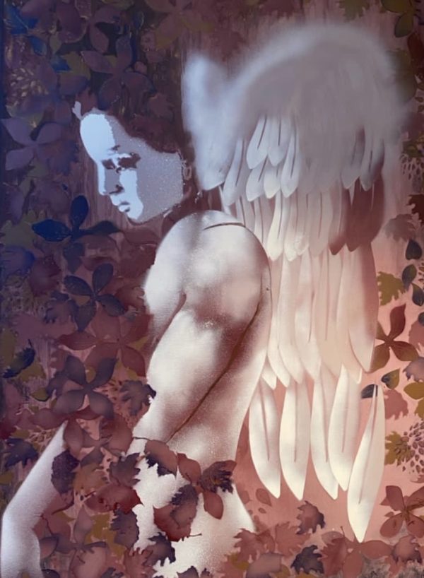 ARTIST: YVONNE WAYLING   TITLE:'FLESH STAIN ANGEL'  SIZE:  70 x 102 cm (tray frame on request) MEDIUM: SPRAY PAINT ON CANVAS PRICE: £ 1,750.           0% over 6 Months Available